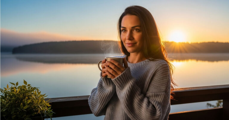 Woman starting her day with positive affirmation and calm energy